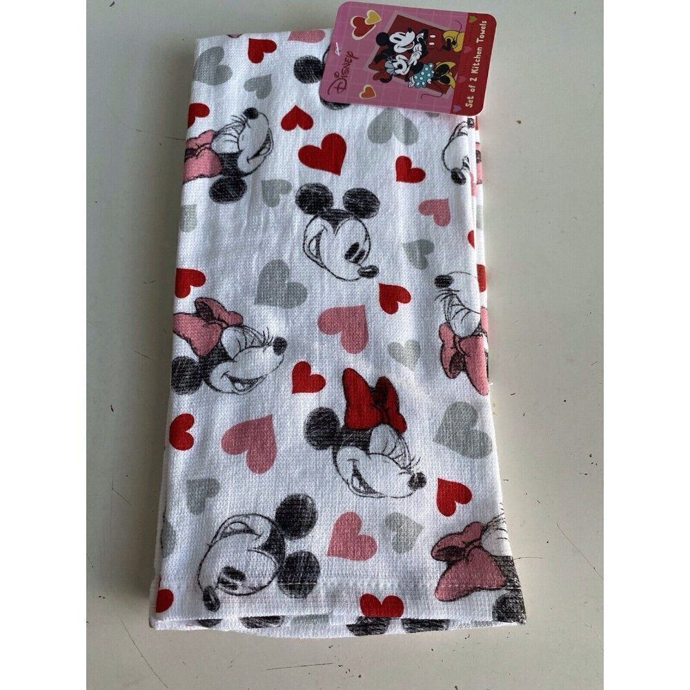 2 Pk Disney Mickey Minnie Mouse Hearts Valentines Kitchen Towels 16 X 26” NEW